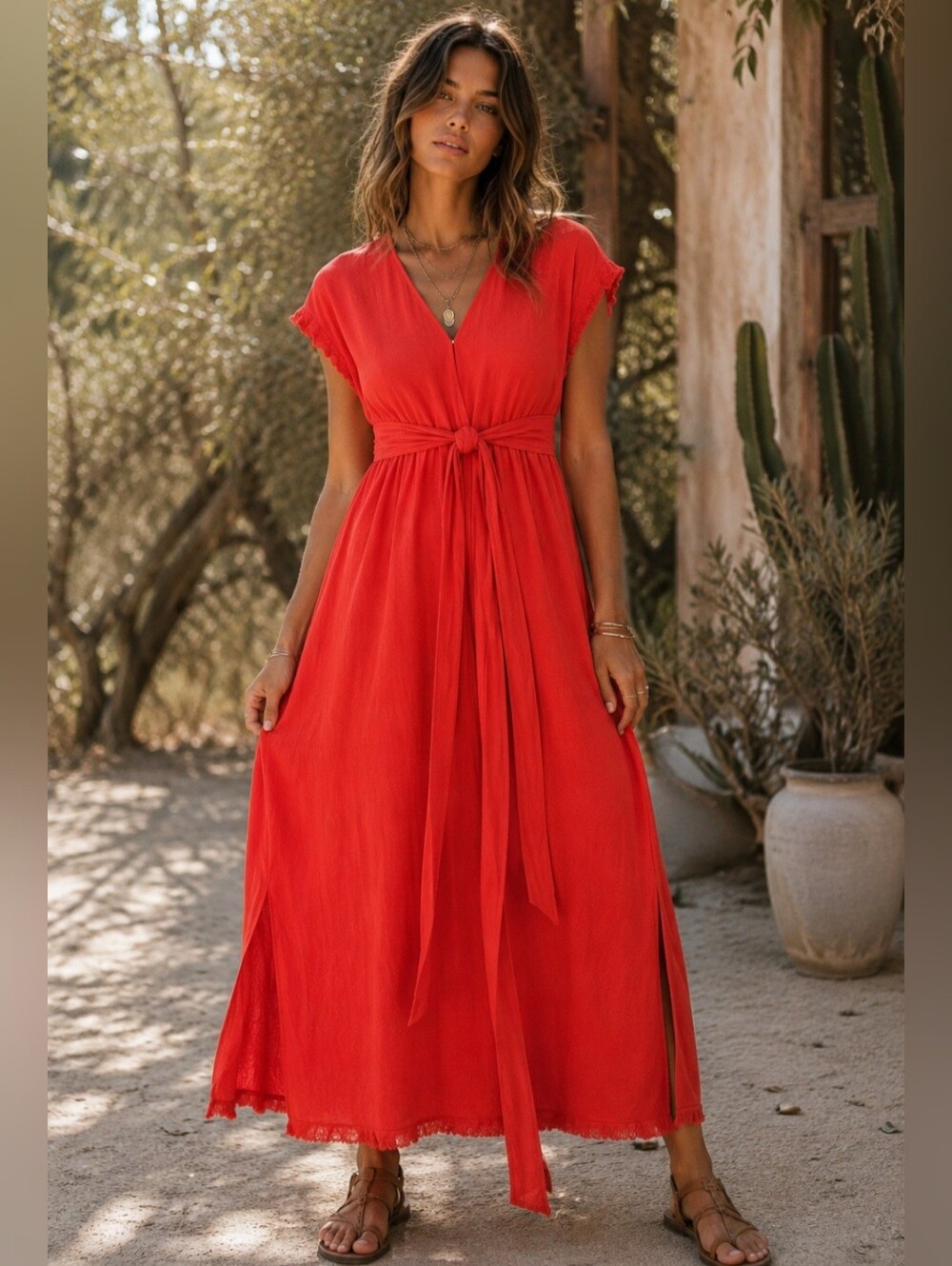 Umgee Coral Cotton Linen Empire Tie Boho Frayed Dress